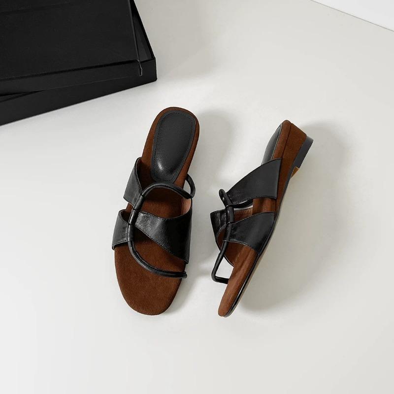 

Sheepskin design sense round head hollow open-toed wedge sandals drag women s summer wear one-word thick-soled cool slippers 40