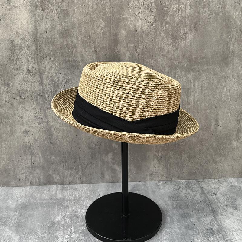 Fransk Retro Mikro-Lockig Stråhatt Herr- och Dam sommar mode Solskyddsvisir, Konkav Hög Hatt, Kortbrättad Stråhatt