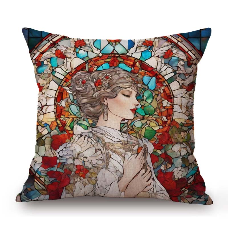 Nouveau Art Mucha Style Stained Glass Eleglant Lady Divine Witch Retro Decoration Art Sofa Pillow Case Linen Cushion Cover