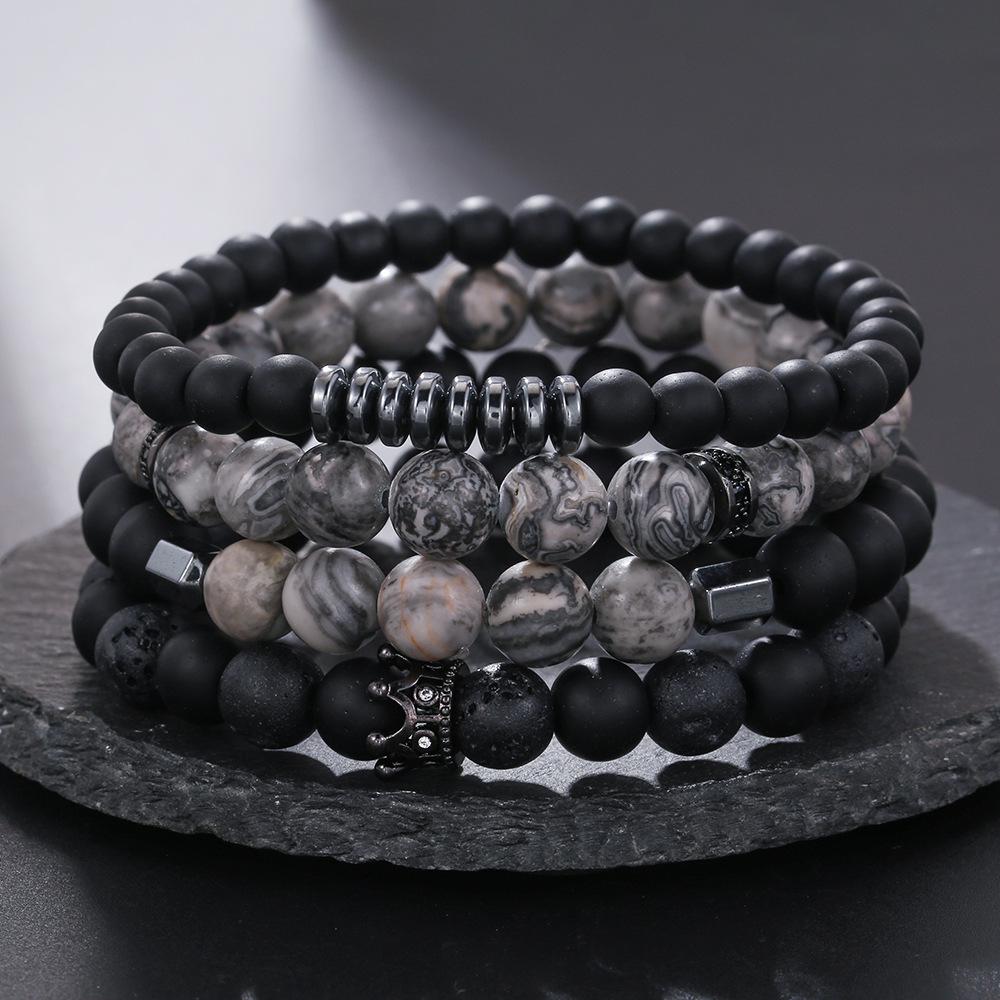 Matte Black Cubic Zirconia Ball & UFO Pendant Braided Bracelet Set