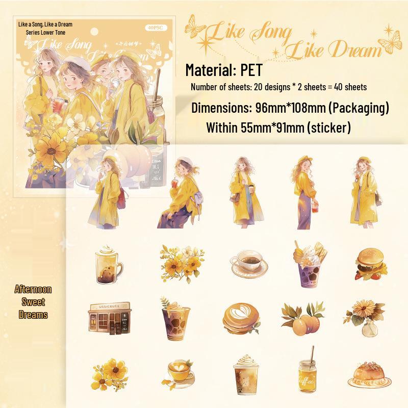 Like a Song, Like a Dream Series PET Sticker Pack - 40 Character Journal Decorative Stickers in 6 Designs