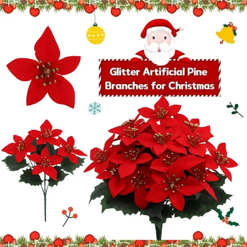 4 Fork Simulated Flowers Simulation Flowers Decor Elegant Artificial Poinsettia Bouquet with Green Leaves Uv Resistant for Home