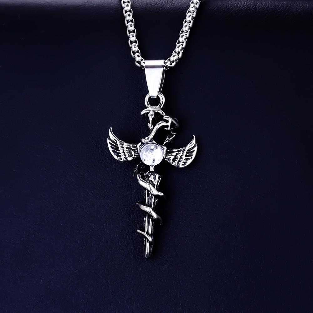 European Viking Titanium Steel Rune Necklace with Stainless Steel Spearhead and Compass Pendant