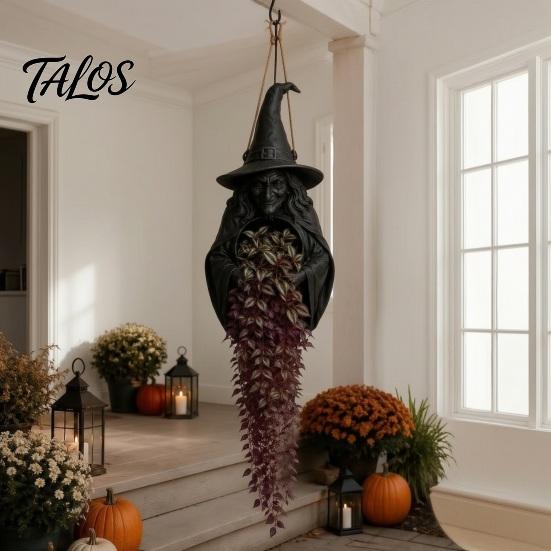 Festive Yard Hanging Decor Halloween Planter for Indoor Outdoor Use, Gothic Bat Cat Witch Raven Black Ornament Plant Pot Holder, Spooky Wall