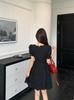 Plus Size Elegant Hollow Patchwork Black Dress, Short Sleeve, French Style, Waist-Cinching Slimming
