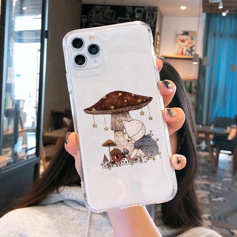 Clear Phone Case For iPhone 15 14 13 12 Pro MAX 11 XS XR 8 Plus Creative Minimalist Graffiti Line Mushroom Soft TPU Cover Coque