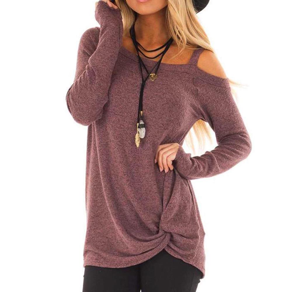 Womens Casual Soft Long Sleeves O Neck Knot Side Blouse Top T-Shirt