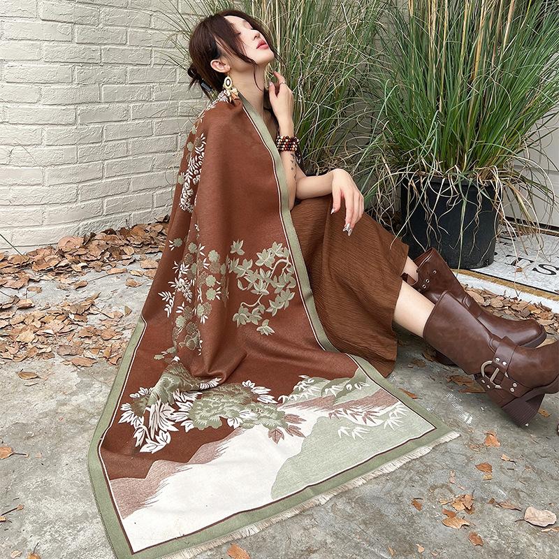 Imitation Cashmere Scarf for Women Elegant and Fashionable National Style Peony Scarf  Warm and Cold Proof Tassel Shawl