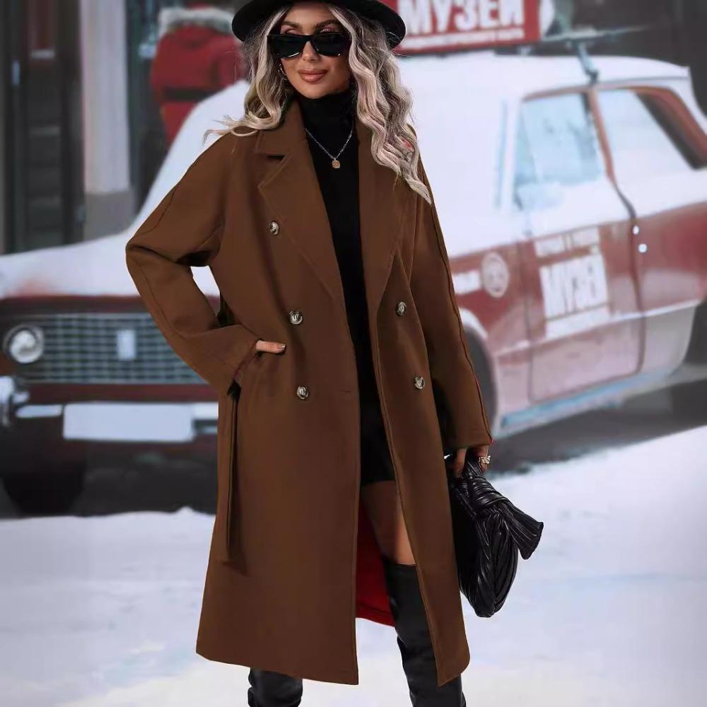 Women's Lapel Long Sleeve Wool Coat Loose Fit Solid Belted Double Breasted Commuter Long Overcoat