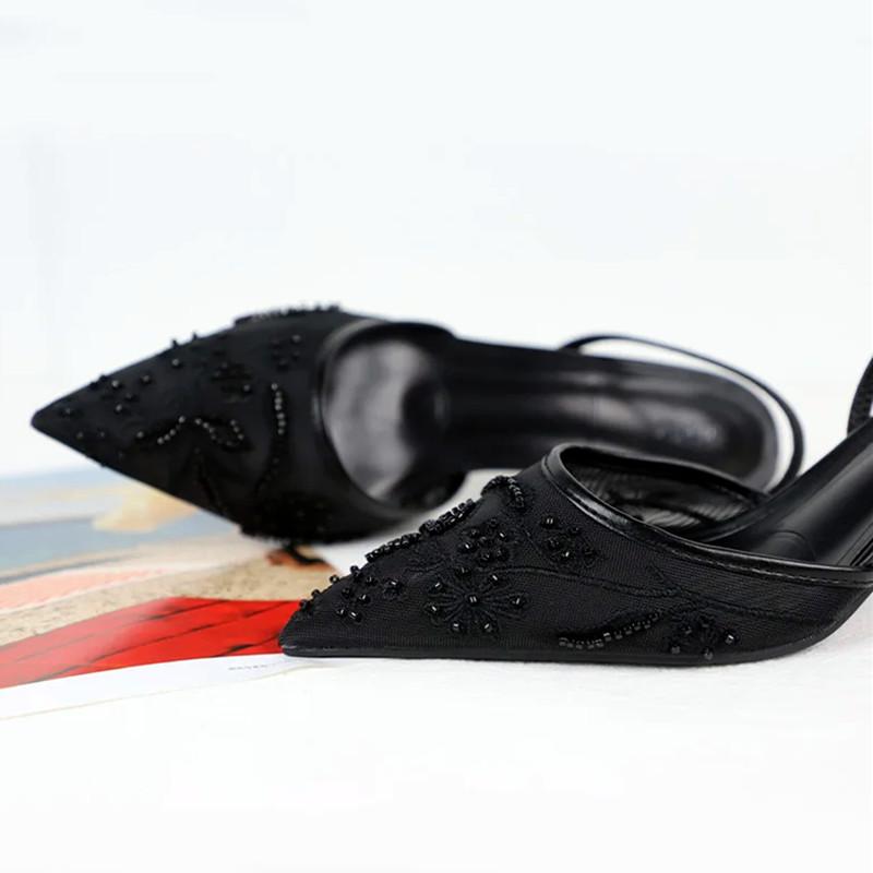 Fashion Black Mesh Embroidery Women Pumps Sexy Pointed Toe String Bead High Heels Summer Elegant Party Designer Shoes Heeled Sandals