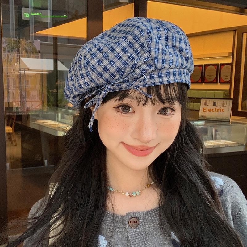 Retro Kontrastfarbene Karomuster-Baretts für Damen Japanisch Personalisierte Vielseitige Gesichtsbetonende Kleine Literarische Malerhüte