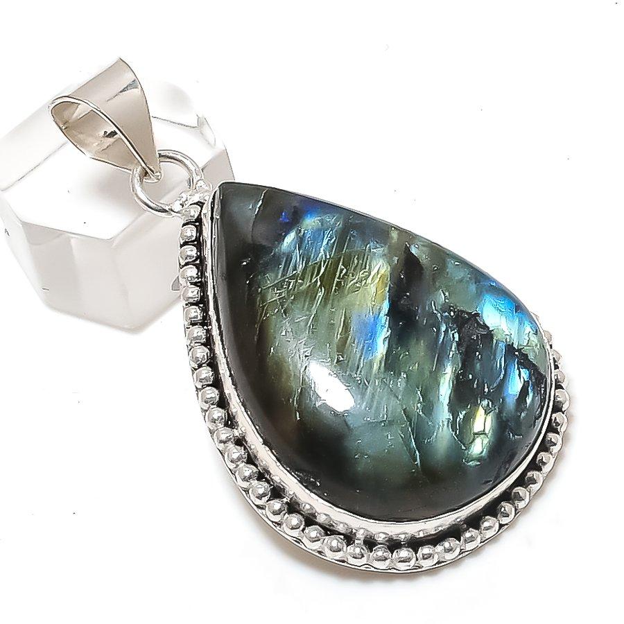 Natural Labradorite Gemstone 925 Sterling Silver Jewelry Pendant 2.21" O3J65