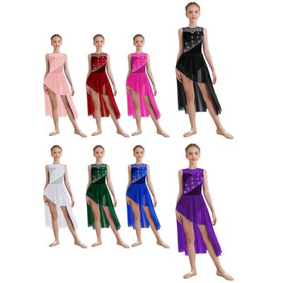 Girls Lace Patchwork Ruched Mesh Overlay Dress Asymmetrical Hem Sparkly Rhinestones Lyrical Dance Costume