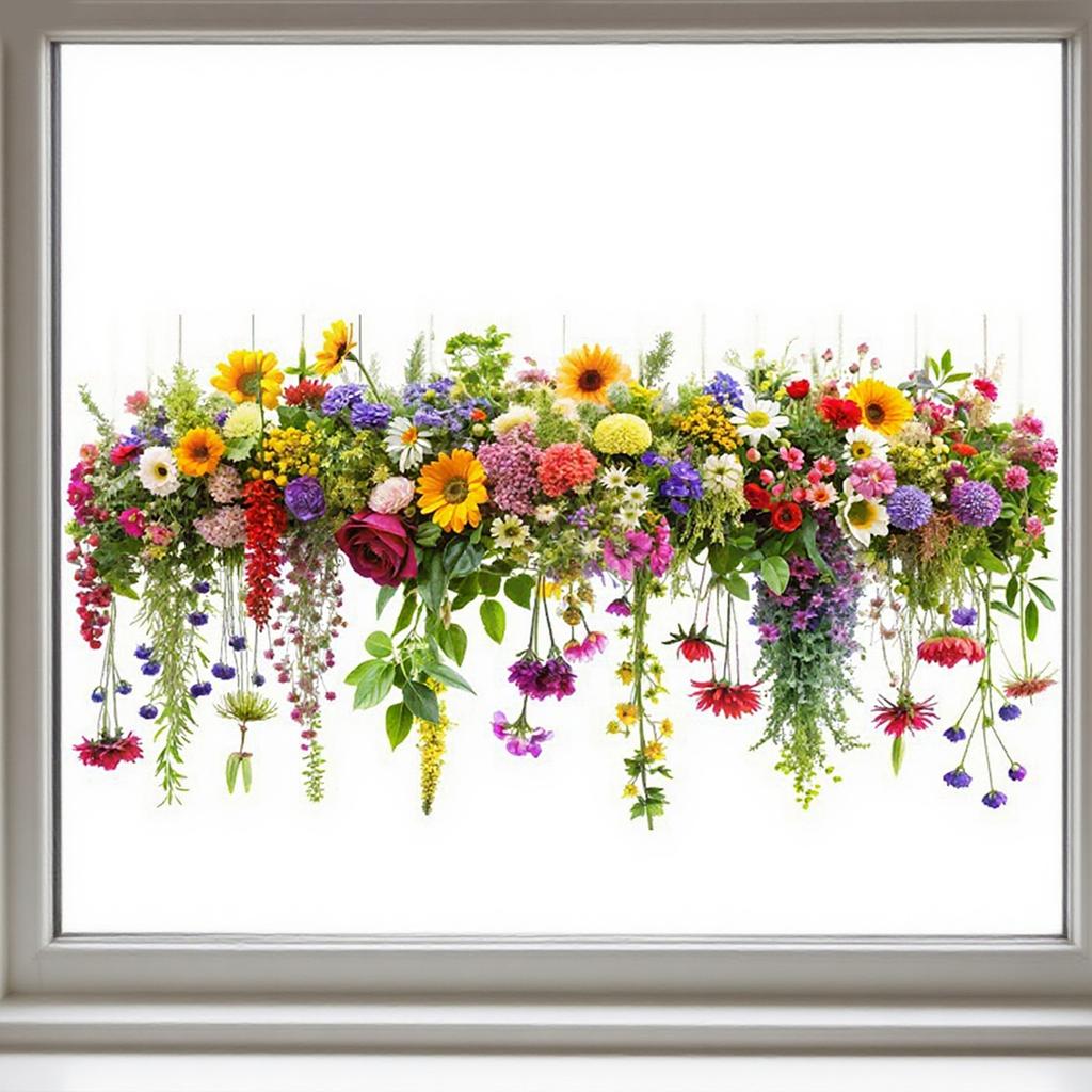 12’ X 24‘ Sunlight Colorful Static Glass Stickers, Fresh Retro Flower Vine Double-sided Visual Window Stickers