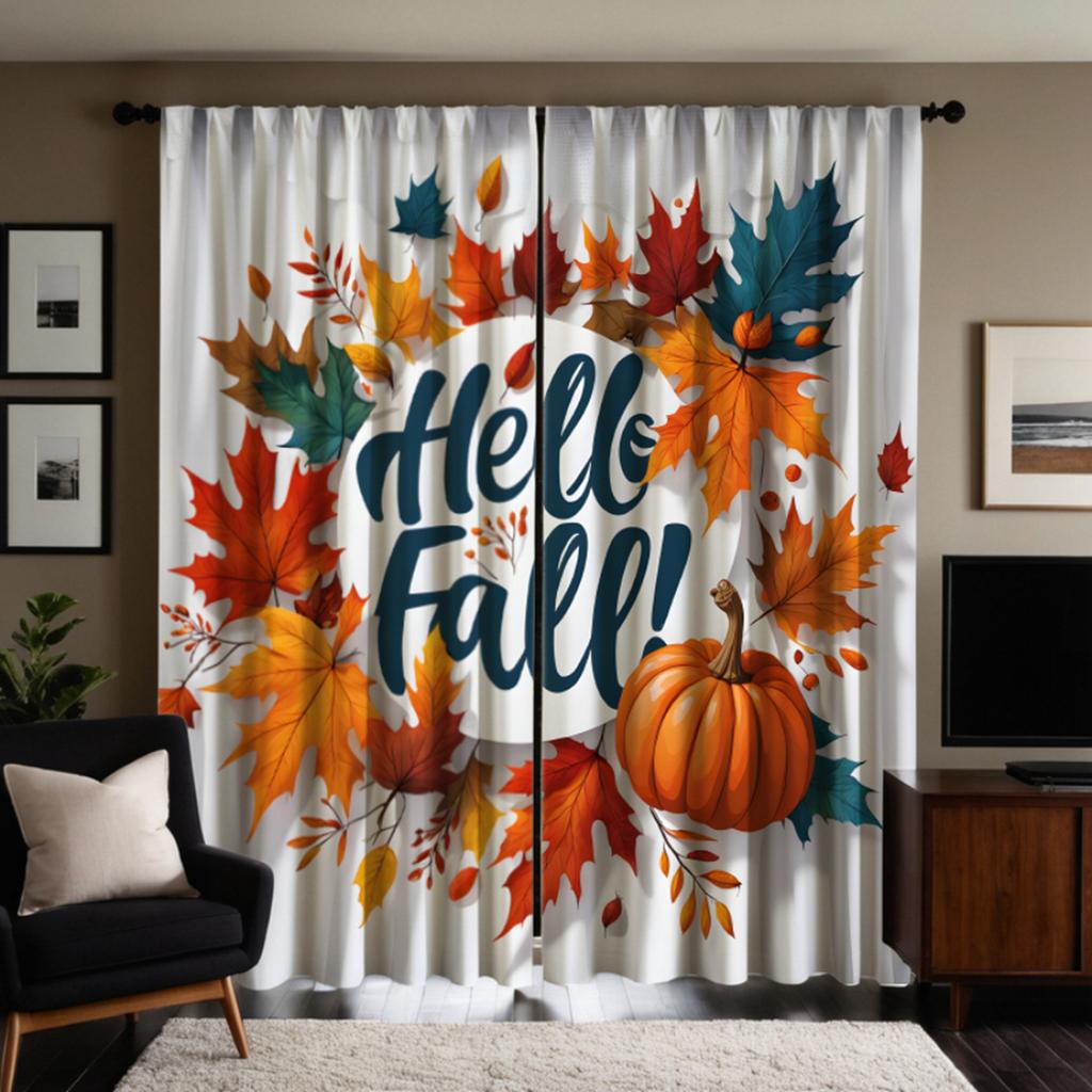 2pcs HD Hello Autumn Pumpkin Maple Leaf Surround Decorative Curtain Yellow Tie Digital Printed Curtain Home Decoration Style