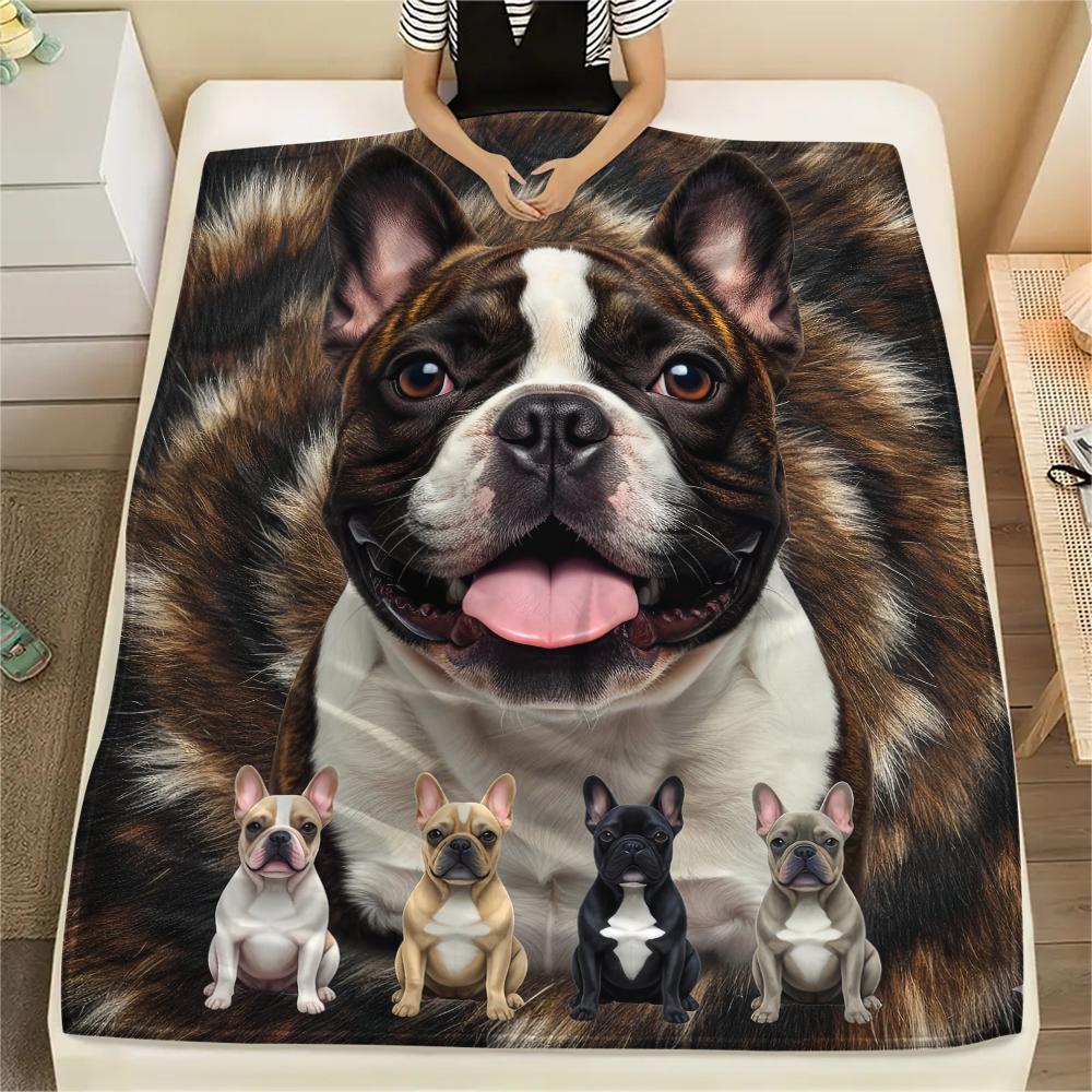 1Pc French Bulldog Print Flannel Blanket, High quality Comfortable for All Seasons, Home Decor, Warmth and Comfort, Perfect for Gifts