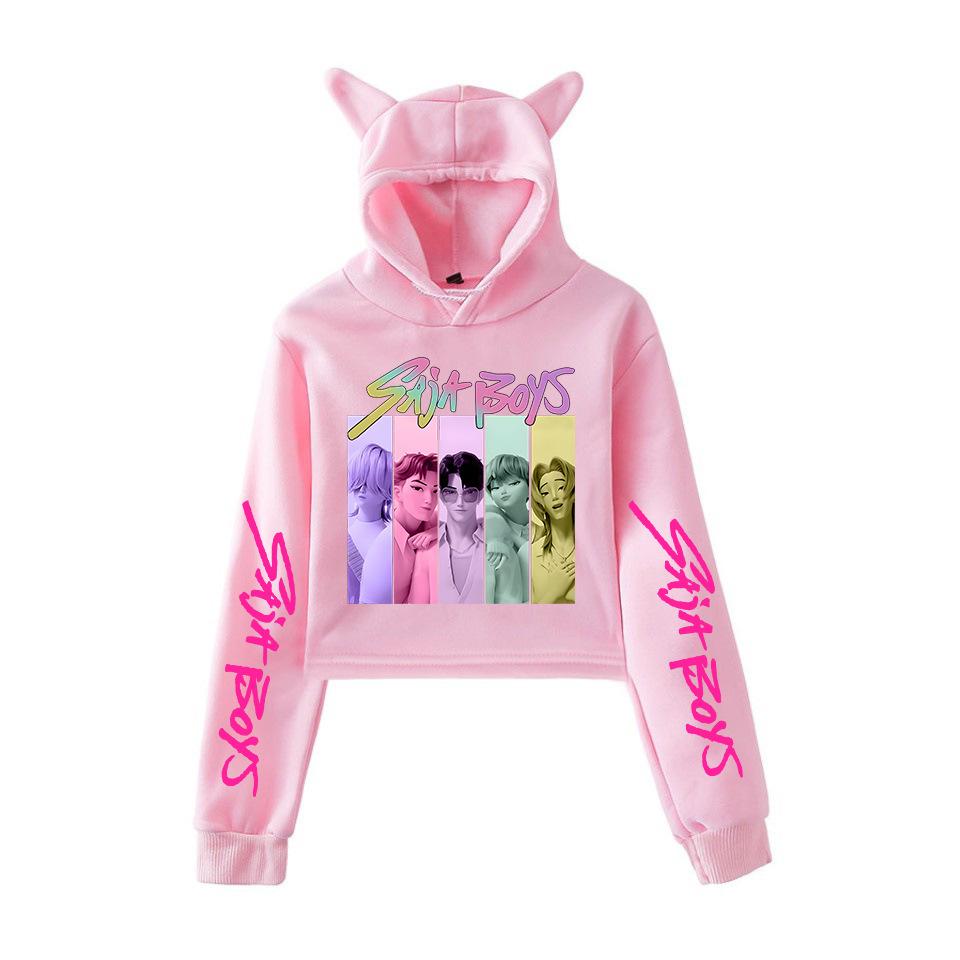 K-Pop Demon Hunters Saja Boy Crop Tops Cat Ears Sweatshirt Long Sleeve Girls Fashion Hoodie XS розовый