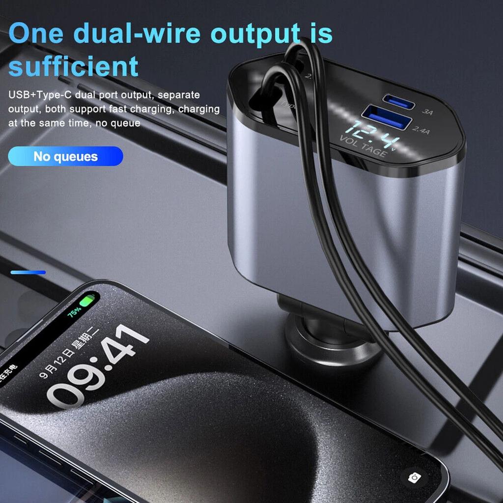120W Super Fast Charge 4-in-1 Car Charger With Retractable Cable