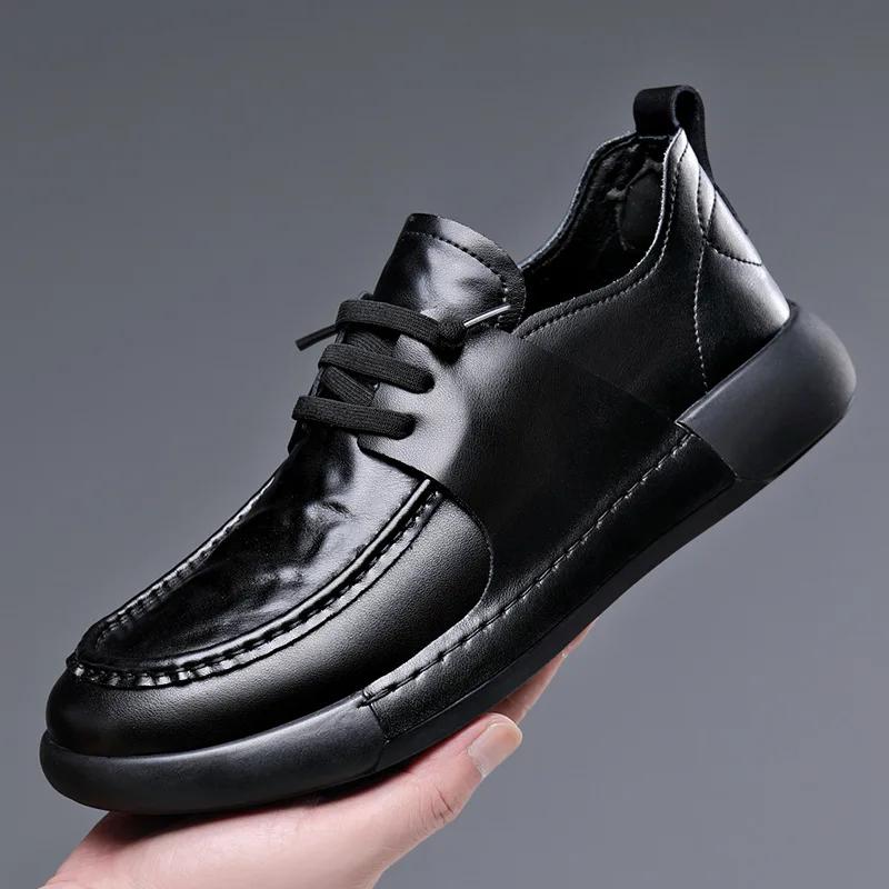 New Designer Men Genuine Leather Casual Shoes Flat Business Leisure Shoes Winter Plush Warm Boots