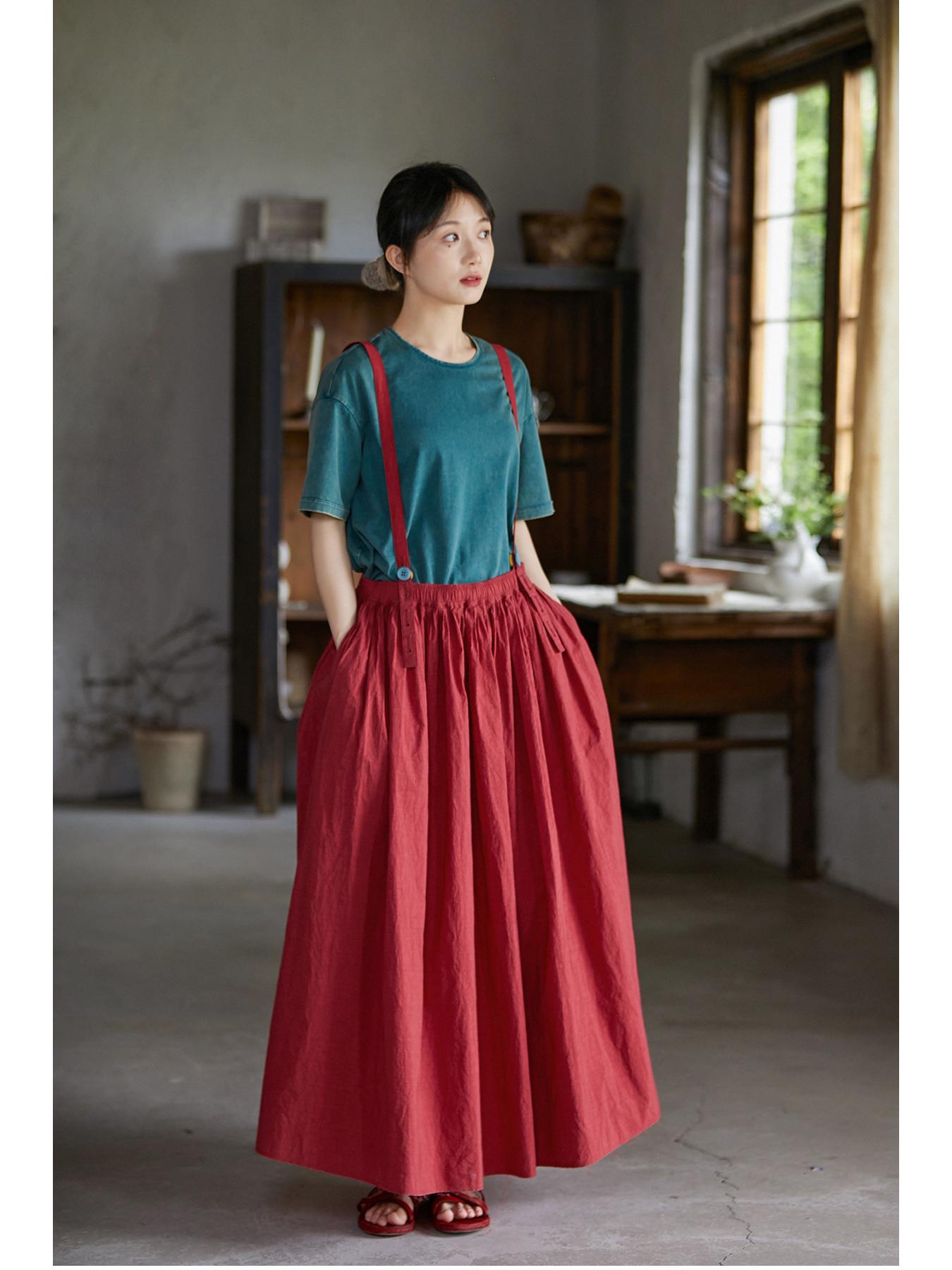 

Retro Summer Cotton Suspender Skirt: Artistic, School Style, Casual, Versatile, Slimming, Plus Size Large