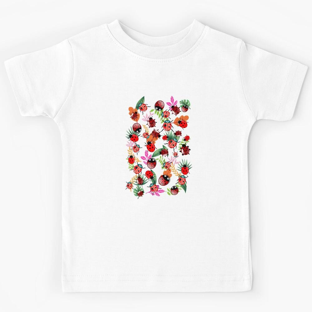 Red Ladybugs On Colorful Leaves - Drawing Graphic. Kids T-Shirt 130