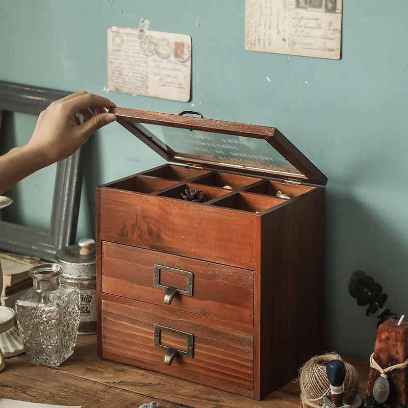 27*26*20cm1pc Vintage Glass Dust-proof Six Grids Jewelry&perfume Storage Cabinet with Two drawers,Multi Layer Collectibles Storage Case.