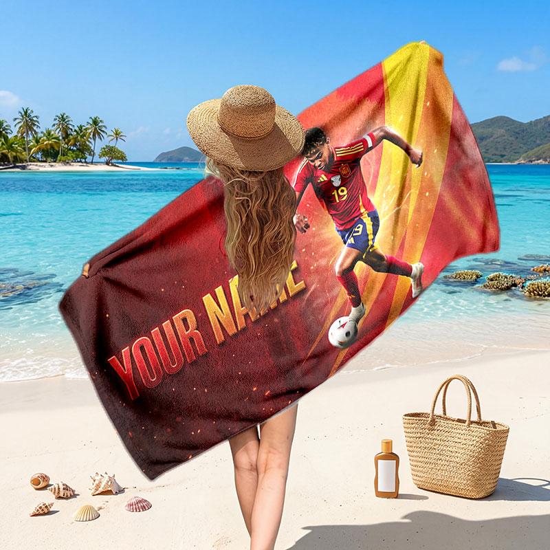 Asciugamano da Spiaggia Personalizzato Lamine Yamal, Stampa Testo Nome Personalizzato, Asciugamano Morbido ad Asciugatura Rapida con Logo Calcio, Regalo per le Vacanze