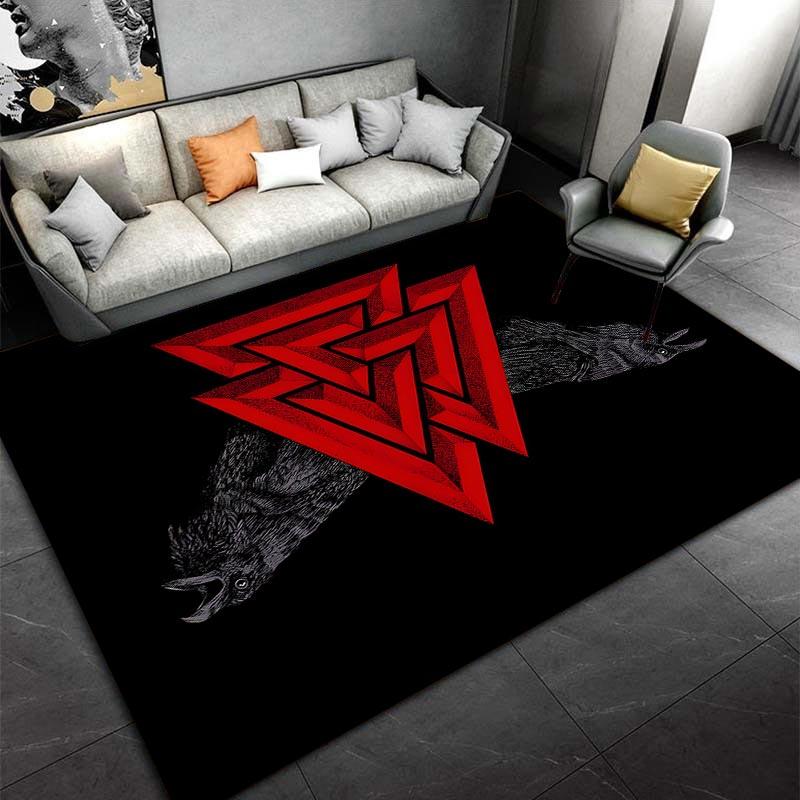 Red Geometric Pattern Black Carpet with Raven Design for Living Room Suitable for use as an anti-slip for living room bedroom sofas