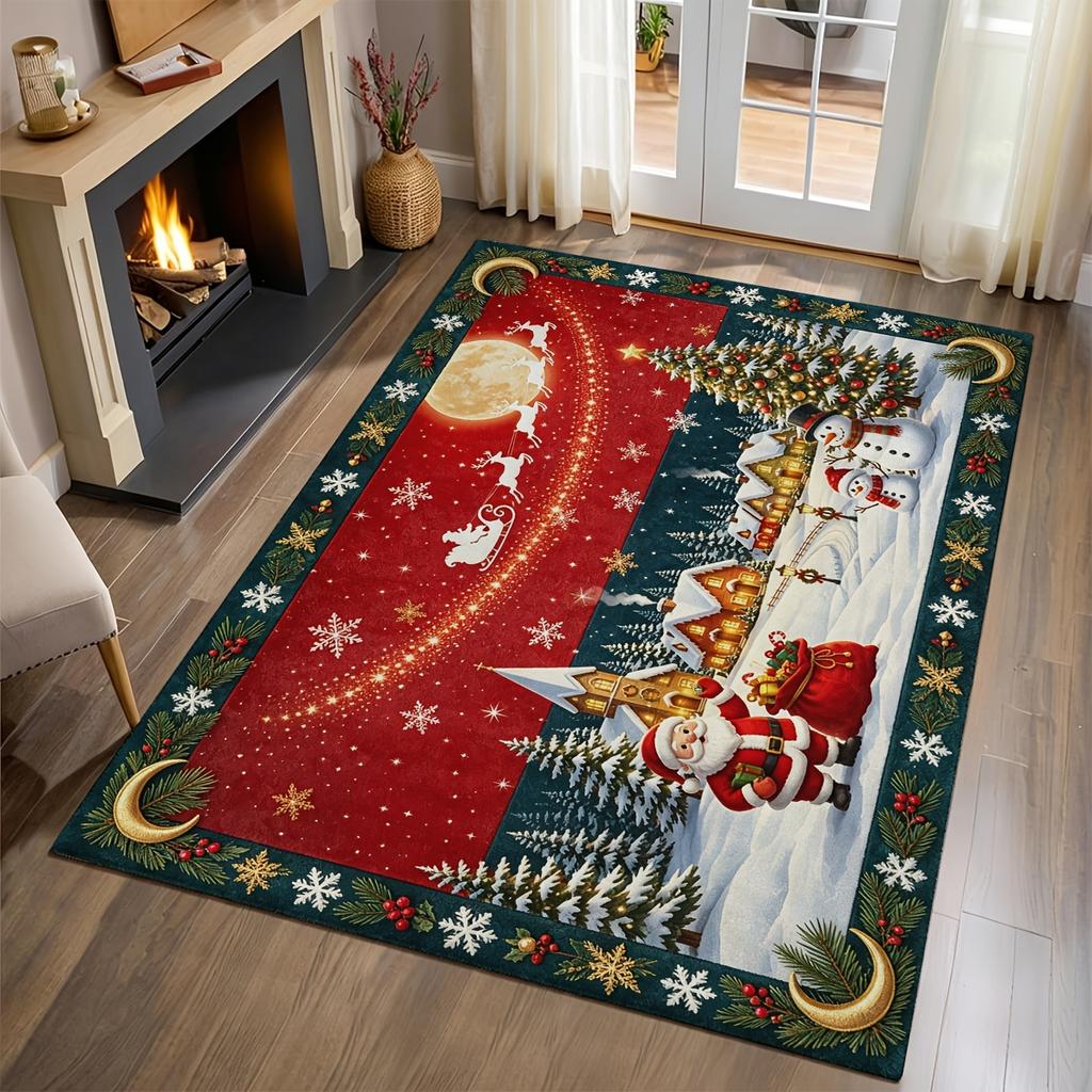 1pc 2D Flat Red Dark Green Xmas Area Rug, Machine Washable Pet-Friendly Mat for Living Room, Bedroom & Hallway