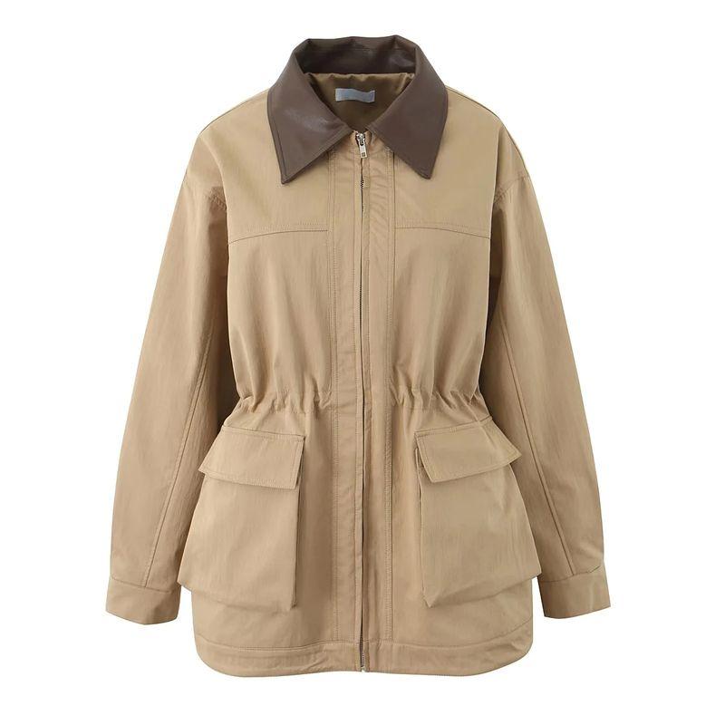 

Fall and Winter New Women s Clothing British Style Overalls Easiest for Match Zipper Lapel Long Sleeves Mid Length Long Length Trench Coat Outwear Khaki L