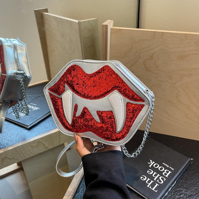 Personality Trendy Women's Shoulder Bag Flame Red Lips Vampire Sequin Decoration Female Messenger Bag For Halloween Party