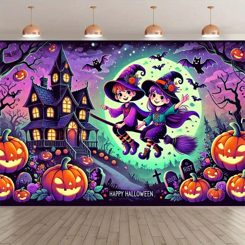 1 piece, Halloween Pumpkin Witch, polyester photography background cloth, party background, indoor and outdoor banner decoration 100x150cm