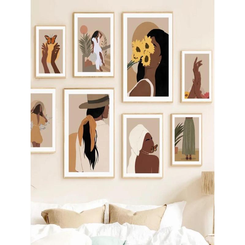 Elegant Black Girl Sunflower Canvas Art  Abstract Wall Decor for Living Room  Bedroom HD Print Poster with Plant Hat  Skirt Desi