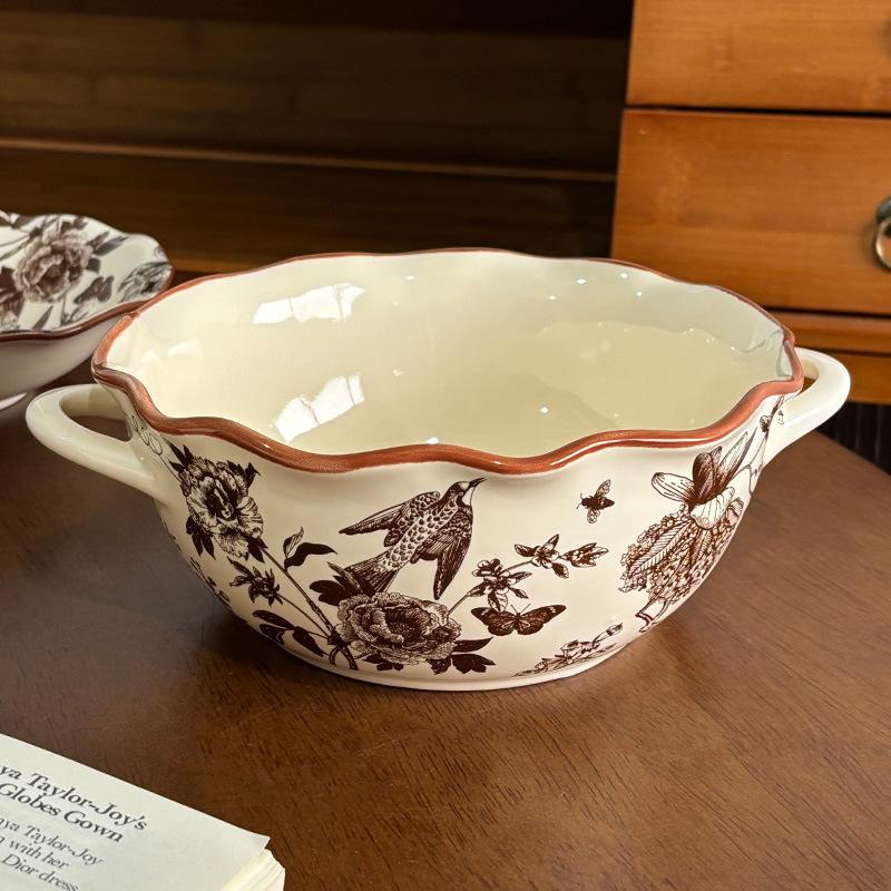 Medieval Flower Tableware Set Light Luxury Advanced Ceramic Bowl Household Plate Rice Bowl Large Capacity Soup Bowl