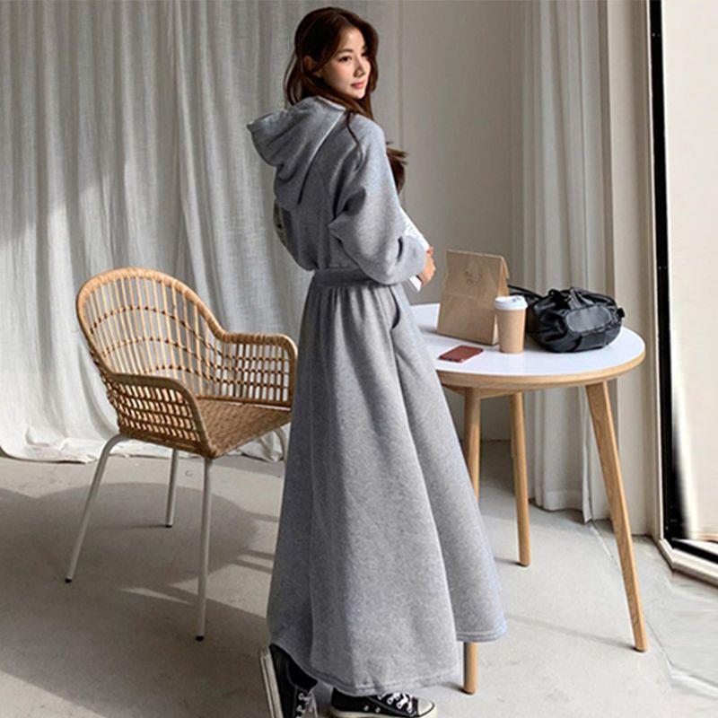 Korean Style Plus Size Hooded Sweatshirt Dress - Solid Color, Slimming Waist, Autumn/Winter Wear for Women