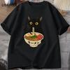 RaUnisex Noodle Black Cat T Shirt Foodie Lover Meme Top Cool T Shirt Casual Short Sleeve Round Neck Tshirt Streetwear Clothes