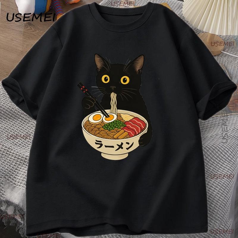 RaUnisex Noodle Black Cat T Shirt Foodie Lover Meme Top Cool T Shirt Casual Short Sleeve Round Neck Tshirt Streetwear Clothes