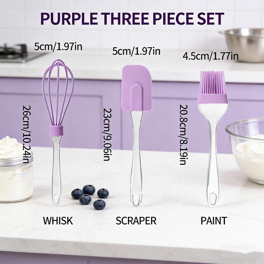 

Baking Essentials 3-Piece Set Silicone Oil Brush + Detachable Spatula + Clear Handle Egg Beater for Cooking Baking