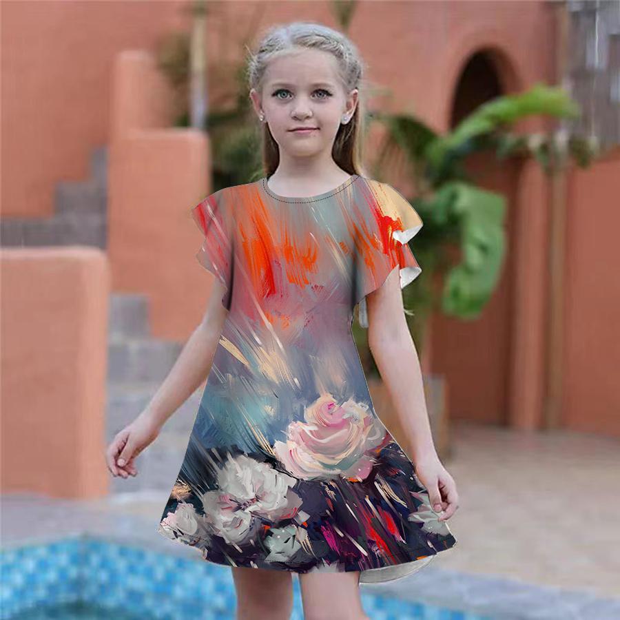 Girls Green Graffiti Rose Print Dresses Kids Girl Party Dress Loose Fitting Loose Fitting Short Sleeved Skirt For Girls Over Four Years Old