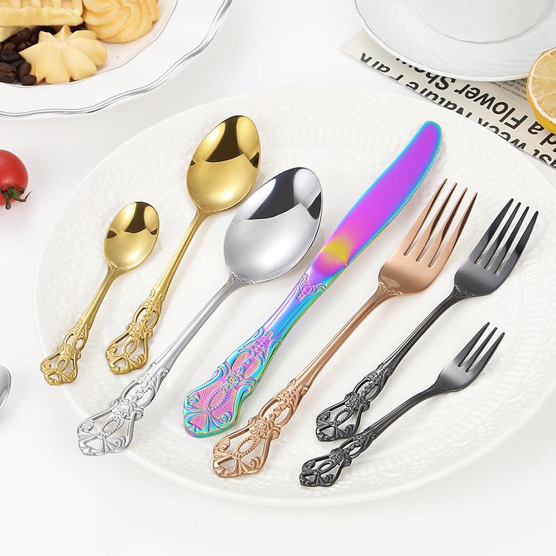 Elegant Stainless Steel Cutlery Set: Royal Court Embossed Steak Knife, Fork & Dessert Spoon for Western Cuisine