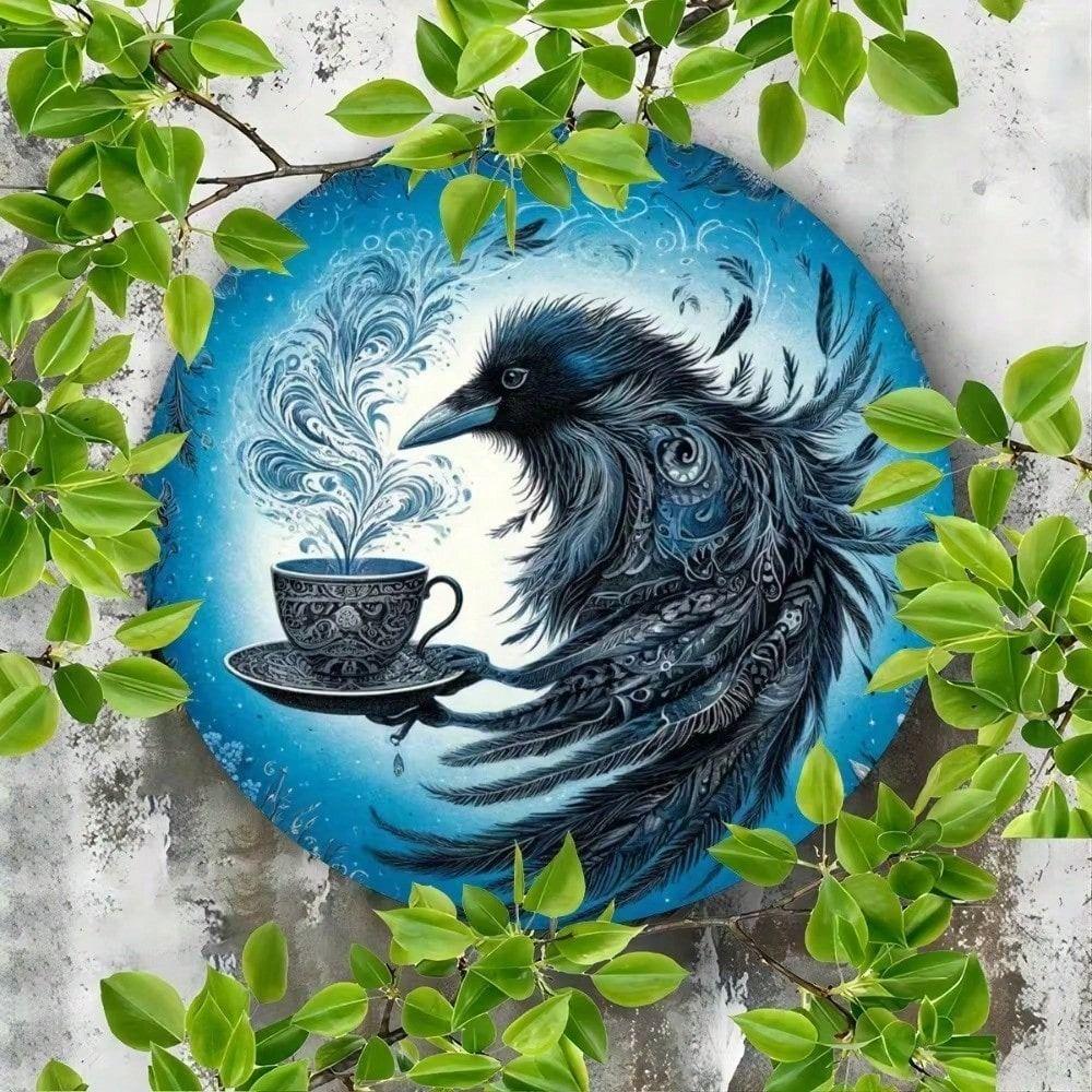 Round Metal Wall Sign Crow Coffee Kitchen Art 20cm