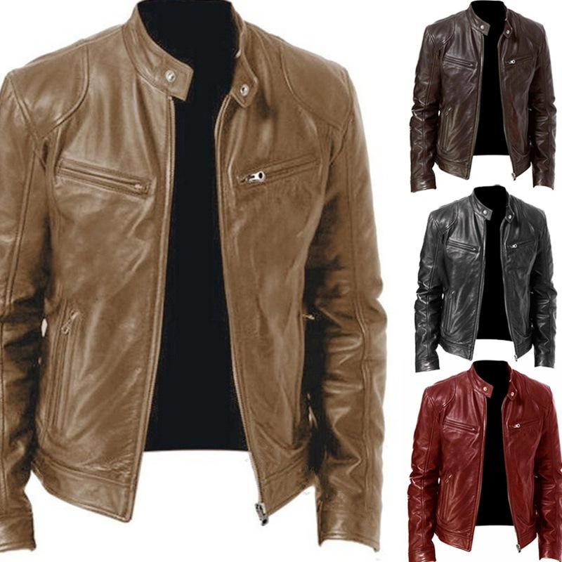 Spot Winter Business Gentleman Warm Zipper Cardigan Pocket Decorative PU Leather Jacket Stand Neck Slim Leather Jacket