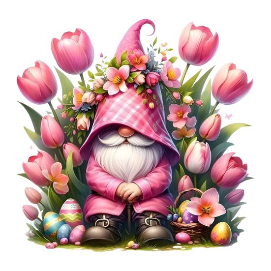 Tulip Gnome PVC Window Cling Waterproof Pink Floral Gnome Static Sticker Reusable Glass Door Decals for Classroom Home Office Party Decoration A