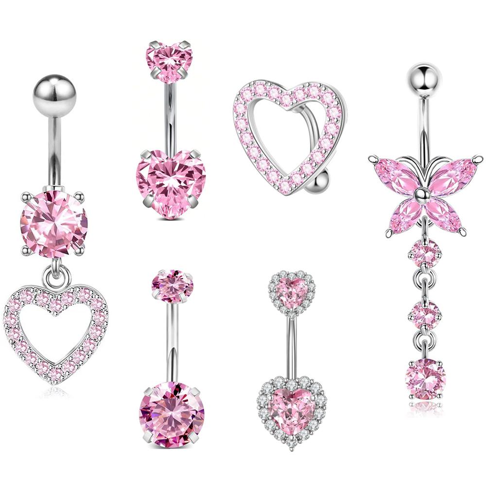 6pcs/set Pink Y2K Sexy Lady Belly Ring Cute Butterfly Heart-Shaped Inlaid Stainless Steel Navel Piercing Zircon Body for Wedding