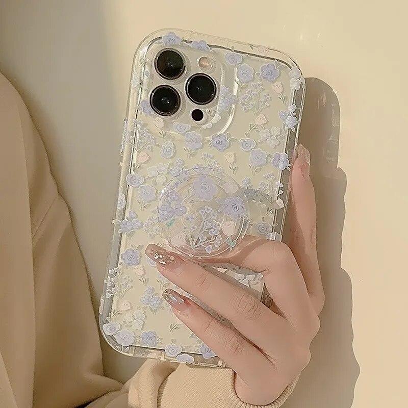 Husă de telefon din silicon cu flori drăguță, transparentă, pentru iPhone 15 14 13 12 11 Pro Max, husă de protecție moale, moale, antișoc, cu suport