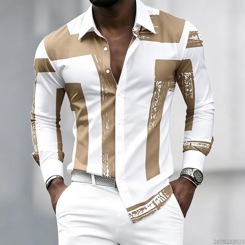 Men's Black and White Geometric Coarse Stripe Printed Long Sleeved Lapel Shirt, Retro Slim Fit Shirt, Trendy Casual Men's Top