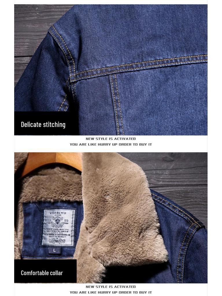 Men's Warm Lamb Wool Fleece-Lined Denim Jacket for Autumn and Winter