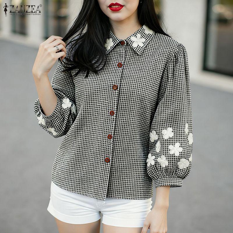 ZANZEA Women Casual Turn Down Collar Loose 3/4 Sleeve Grid Print Blouse