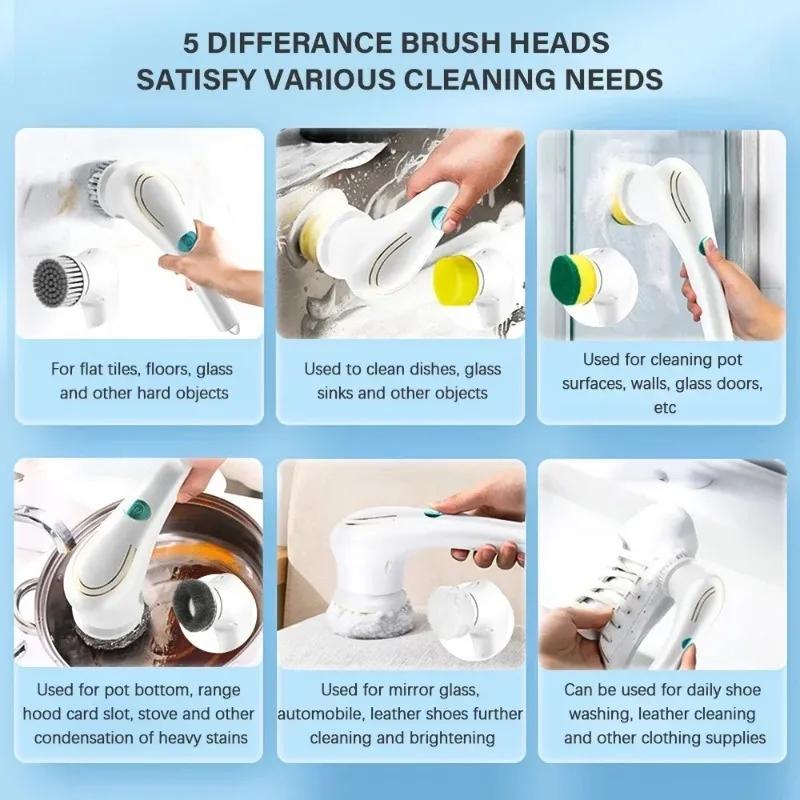 Handheld Electric Cleaning Brush 5 In 1  Heads Cordless Portable Cleaning Brush Handheld Scrubber Suitable for Bathroom Kitchen