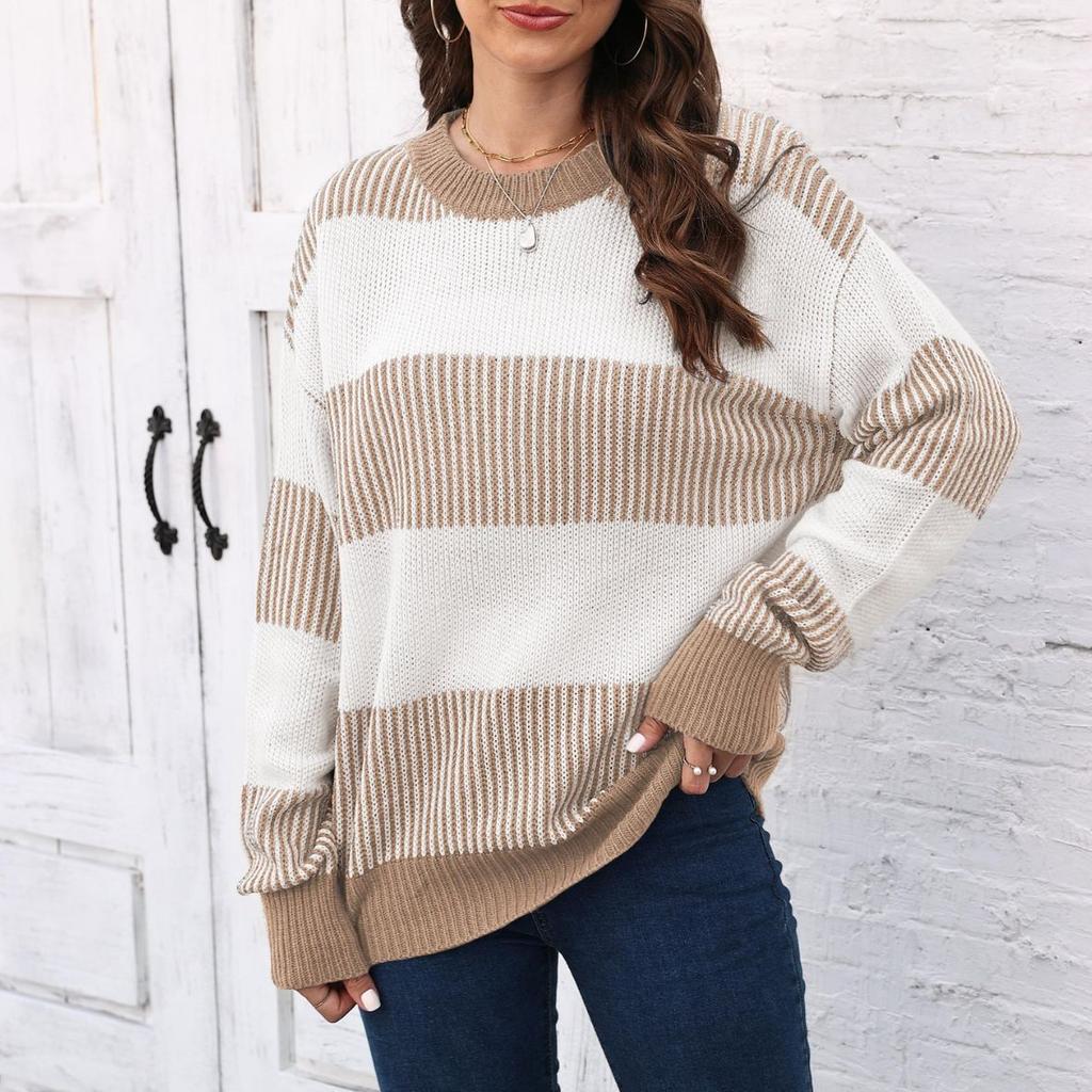 Women's Pullover Top Cross-border European and American Women's Clothing Autumn and Winter New Casual Loose Woven Sweater Contrasting Stripes Splicing